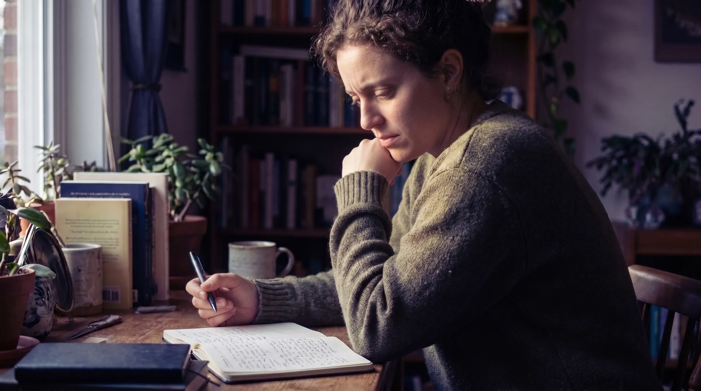 A student rereading a page of dense handwritten notes, hand on chin, unsure what to do next.