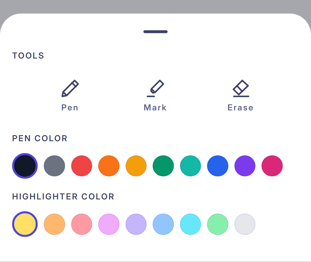 The Draw panel in the FocusPace notebook editor showing Pen, Mark, Erase, and annotation color options.