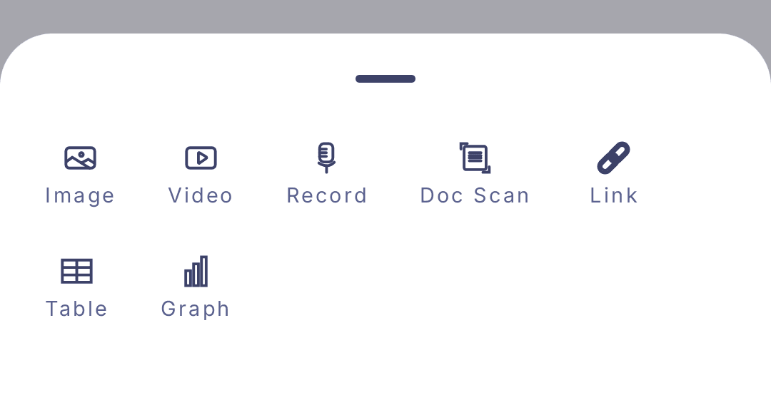 The Insert panel in the FocusPace notebook editor showing Image, Video, Record, Doc Scan, Link, Table, and Graph tools.