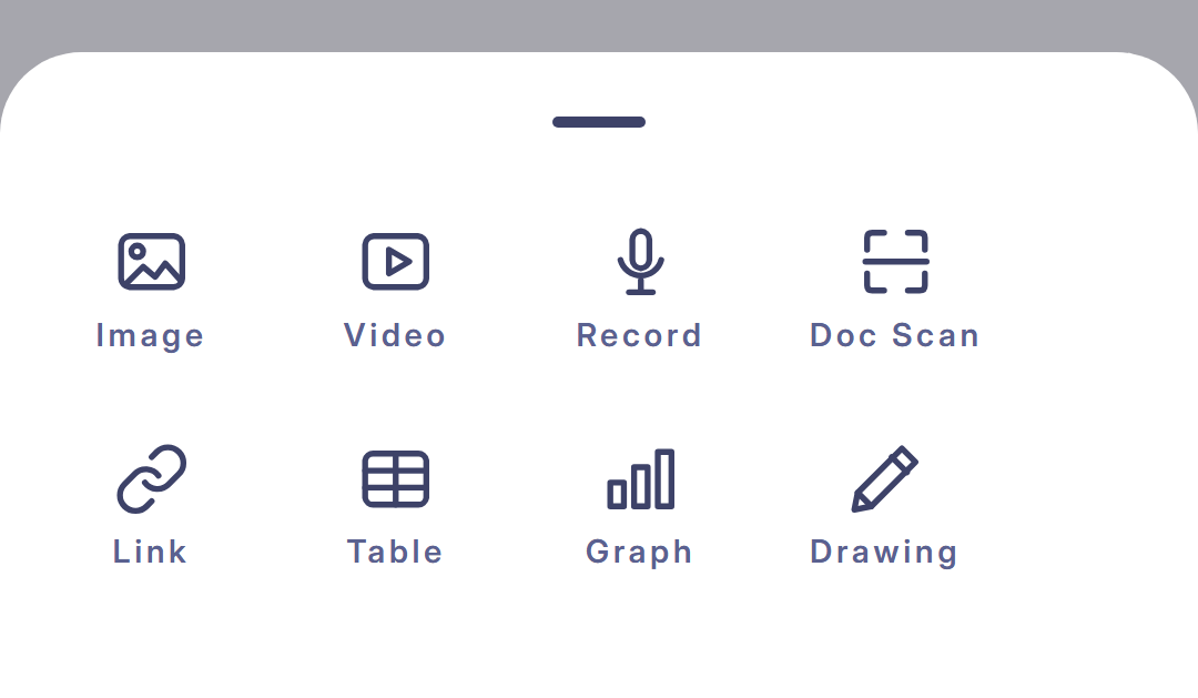The Insert panel in the FocusPace notebook editor showing Image, Video, Record, Doc Scan, Link, Table, Graph, and Drawing tools.