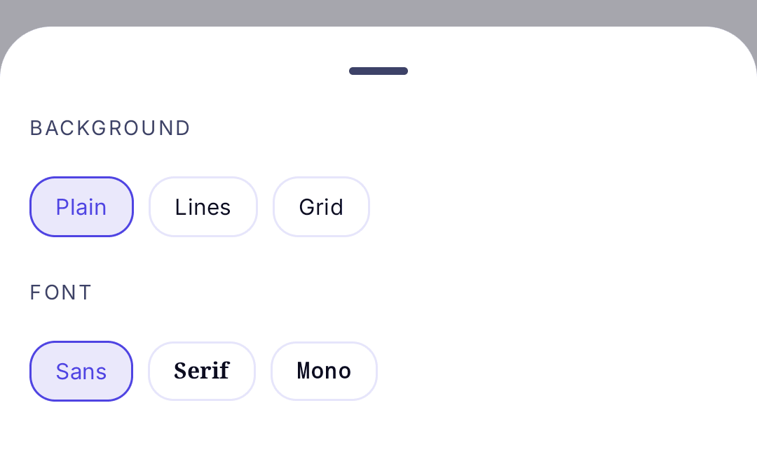 The Page panel in the FocusPace notebook editor showing Plain, Lines, and Grid backgrounds plus Sans, Serif, and Mono fonts.