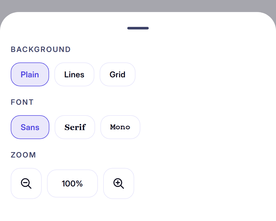The Page panel in the FocusPace notebook editor showing Plain, Lines, and Grid backgrounds, Sans, Serif, and Mono fonts, and the zoom controls.
