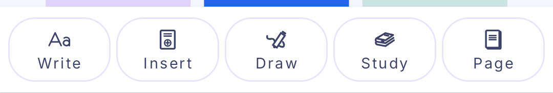 The bottom notebook editor toolbar in FocusPace showing the Write, Insert, Draw, Study, and Page panels.