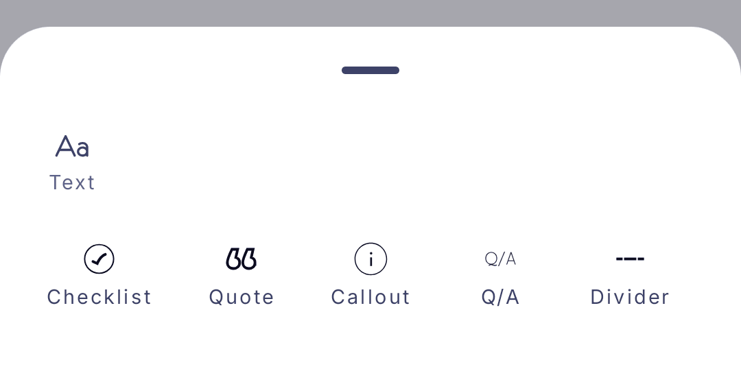 The Write panel in the FocusPace notebook editor showing Text, Checklist, Quote, Callout, Q/A, and Divider options.