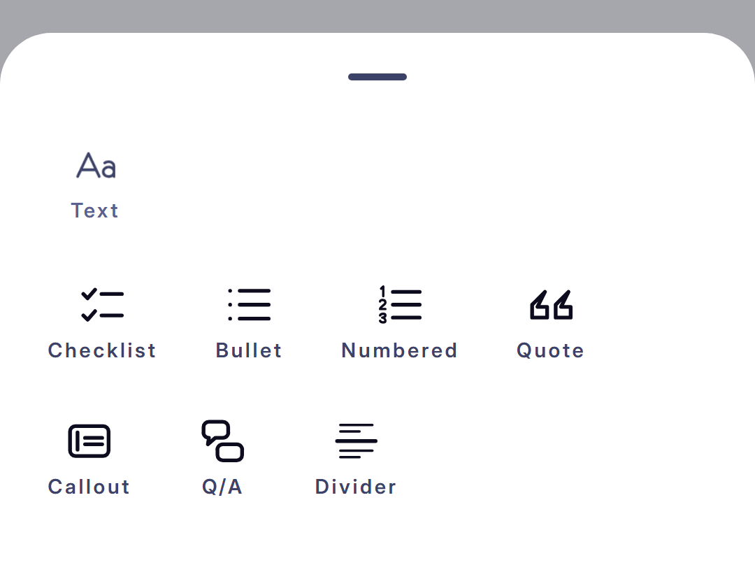 The Write panel in the FocusPace notebook editor showing Text, Checklist, Bullet, Numbered, Quote, Callout, Q/A, and Divider options.